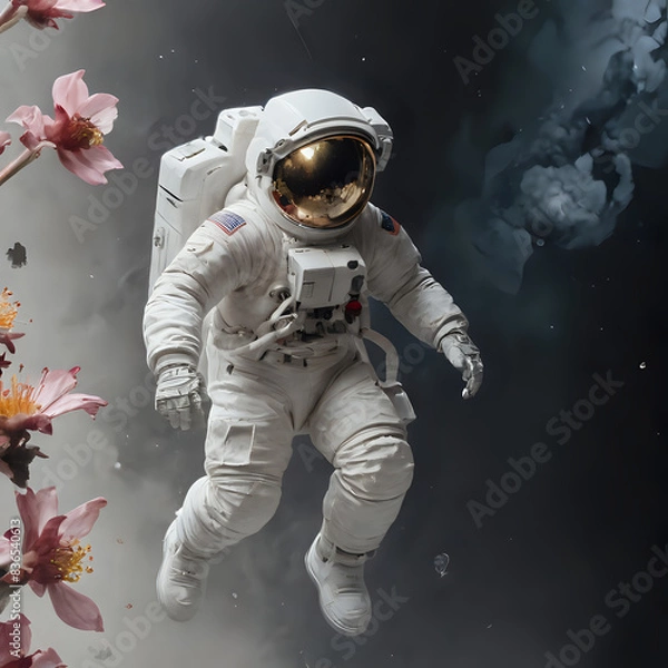 Fototapeta astronaut floating in the air with flowers in the background