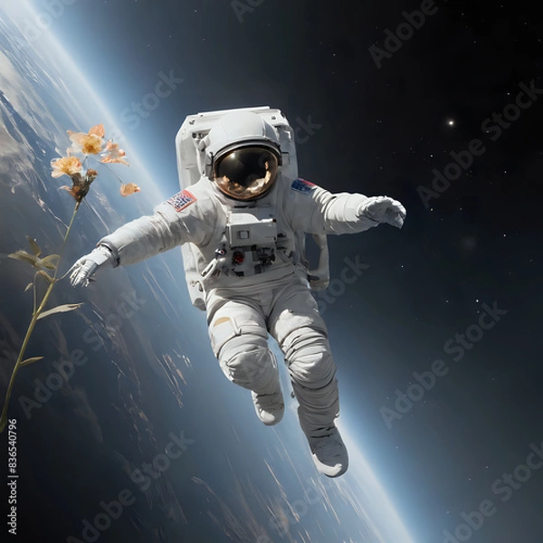 Fototapeta astronaut in space with flower in hand and earth in the background