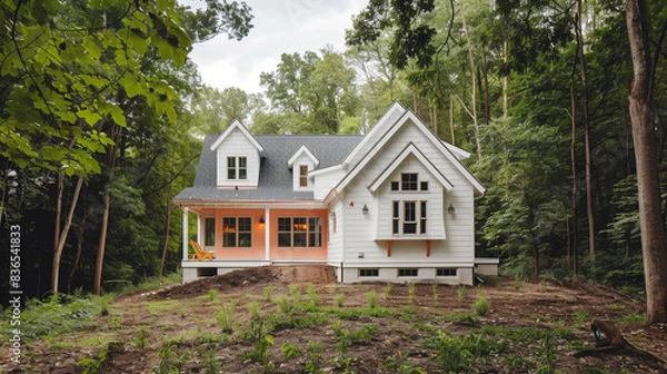 Fototapeta Rear view of a newly constructed craftsman style white house with peach accents, nestled in a forest clearing, emphasizing simplicity and natural charm.