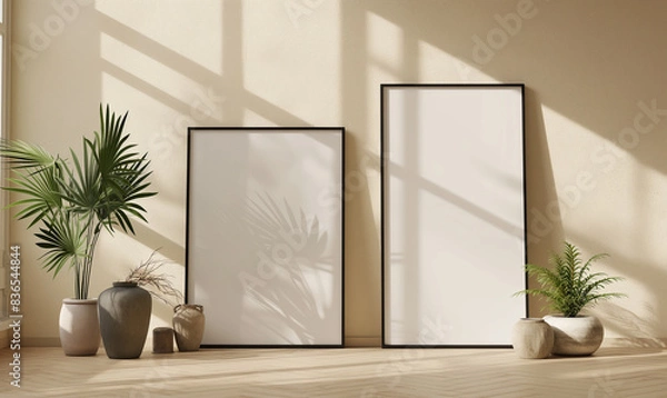 Fototapeta 3d rendering, 2 large black framed blank picture frames on a beige wall, mockup template, home decor style, one frame with a square shape and the other with a landscape format, minimalist style