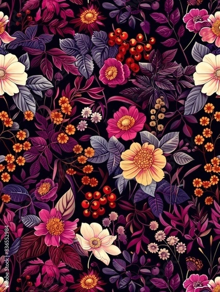 Fototapeta A seamless pattern of Burgundy and Byzantine flowers, leaves and vines on a Deep Cerise background, as a flat vector illustration drawn in the style of hand drawing, simple yet ele