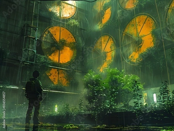 Fototapeta Surreal Industrial Sunset in a Fantastical Futuristic Environment with Glowing Lights and Technology