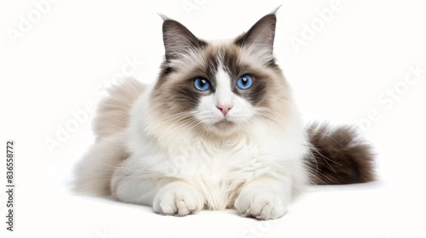 Fototapeta Siamese cat with a cream and brown coloration, blue eyes, and a long, fluffy coat. The cat is lying down on a white background, looking directly at the camera