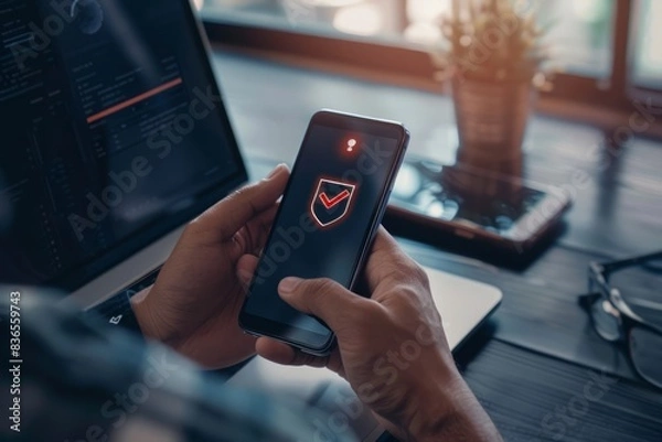 Fototapeta A man holds his smartphone with an icon of a security shield and a checkmark on the screen. Data network security and privacy concepts.