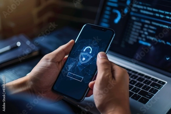 Fototapeta A man holds his smartphone with an icon of a security shield and a checkmark on the screen. Data network security and privacy concepts.