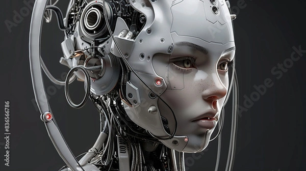 Fototapeta A female robot with white skin and hair, her head is adorned by many small wires that connect to the body from behind it