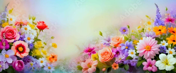 Obraz Blooming Bliss: A Kaleidoscope of Flowers in Full Bloom with a Dreamy Pastel Backdrop