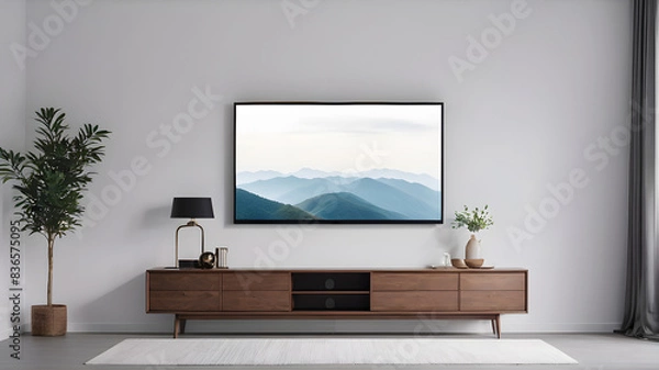 Fototapeta Mockup minimalist a cabinet television wall mounted with decoration in living room and white wall Generative AI