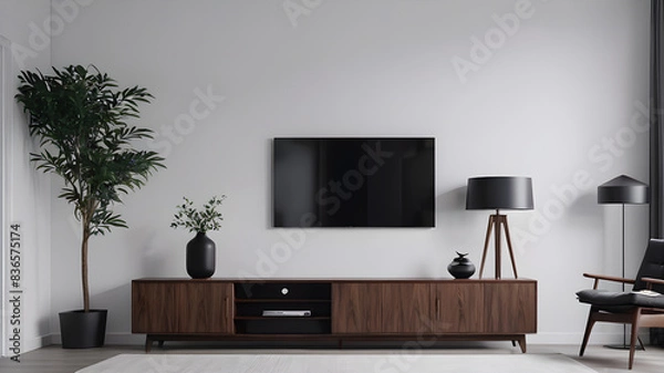 Fototapeta Mockup minimalist a cabinet television wall mounted with decoration in living room and white wall Generative AI