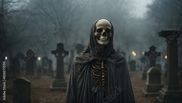 Fototapeta A skeletal figure with a ghostly face standing in a graveyard of forgotten souls
