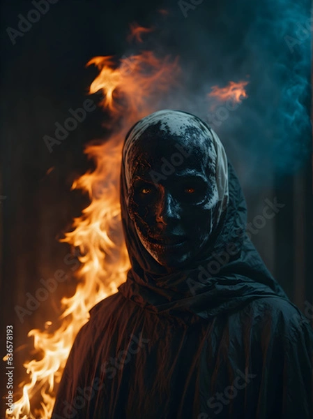 Fototapeta A ghostly figure with a pale face and a sinister grin its eyes burning with a sinister fire