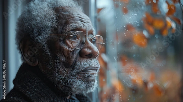 Obraz sad depressed old black man spending time alone looking out of the window, patiently waiting with copy space.