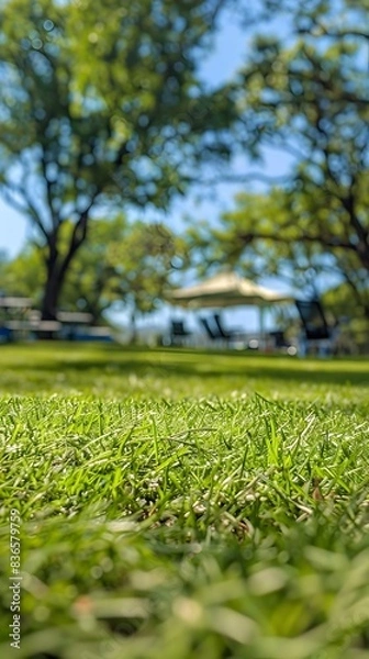 Fototapeta Sunlit Camping Field with Canopy Tent and Tables