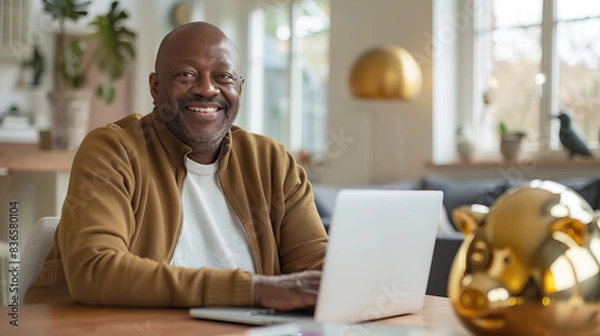 Obraz happy old casual black man sitting in the table with laptop beside golden piggybank. Investor saving money for pension.