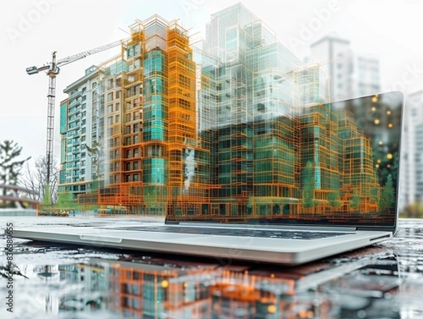 Obraz Architect Working on Laptop with Double Exposure of Construction Site and Architectural Designs