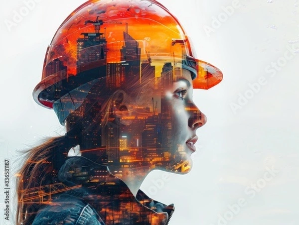 Fototapeta Modern Building Construction Engineer Illustration with Double Exposure of City Skyline and Construction Site