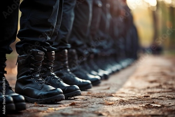 Fototapeta Aligned military footwear ready for action. Generative AI