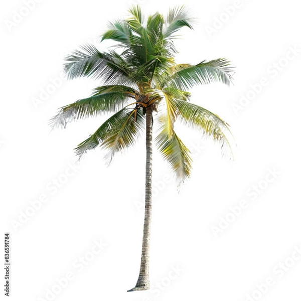 Fototapeta A single coconut palm tree isolated on white, symbolizing tropical vacations and serene beach getaways