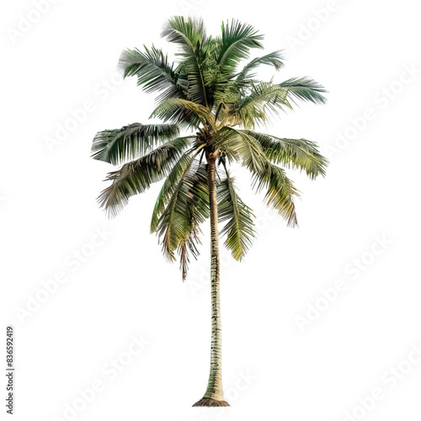 Fototapeta A single coconut palm tree isolated on white, symbolizing tropical vacations and serene beach getaways