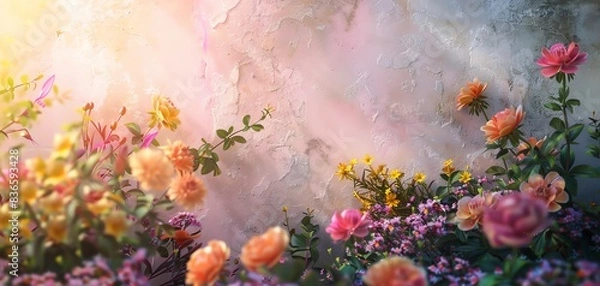Obraz Beautiful garden with vibrant flowers blooming under soft sunlight, creating a dreamy and serene outdoor scenery.