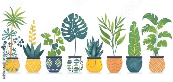 Obraz Colorful vector illustration of various potted houseplants with diverse shapes and sizes, perfect for home decor and botanical design projects.