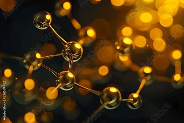 Fototapeta Golden molecular structure concept with glowing bokeh. Science and technology style. Perfect for educational or promotional purposes. Abstract and elegant. Scientific imagery. Generative AI
