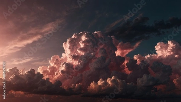 Fototapeta A sky full of numerous clouds, with a pink hue centered among them, and the sun positioned at their center.