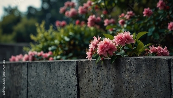 Fototapeta A cluster of pink blossoms perched atop a gray concrete barrier in front of a verdant shrub.