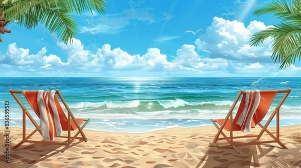 Fototapeta Tropical Beach with Two Lounge Chairs and Clear Blue Sky