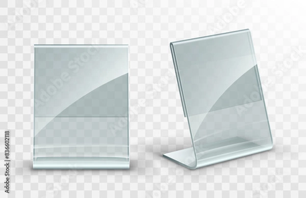 Obraz Vector acrylic table tent. Card holder isolated on transparent background. Empty flyer glass display.