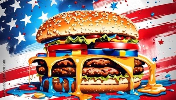 Obraz classic american cheeseburger with patriotic flag Celebrating Independence day on 4th July with an American stars and stripes flag in the background, Generative AI