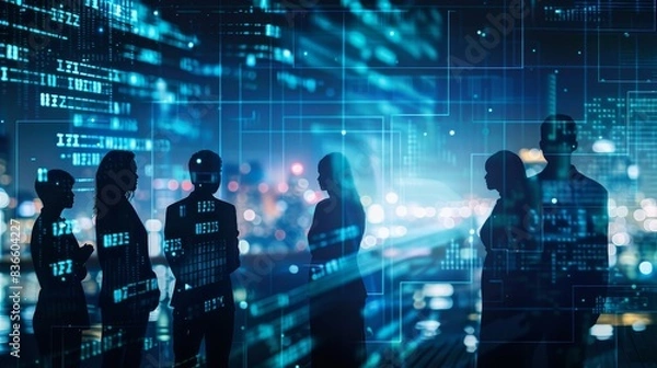 Obraz Cybersecurity Strategy Silhouetted Professionals Engaged in HighTech Discussion