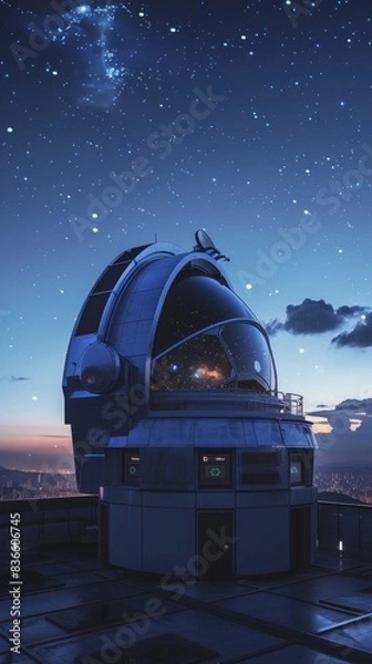 Fototapeta A rooftop observatory with smart telescopes that identify celestial objects and provide information generated by AI