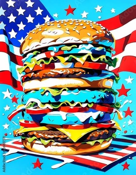 Obraz classic american cheeseburger with patriotic flag Celebrating Independence day on 4th July with an American stars and stripes flag in the background, Generative AI