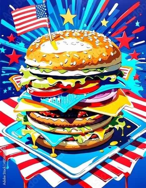 Obraz classic american cheeseburger with patriotic flag Celebrating Independence day on 4th July with an American stars and stripes flag in the background, Generative AI