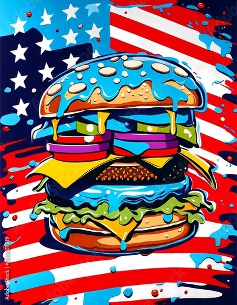 Obraz classic american cheeseburger with patriotic flag Celebrating Independence day on 4th July with an American stars and stripes flag in the background, Generative AI