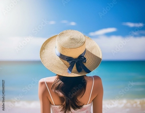 Fototapeta 夏の海辺で麦わら帽子を被った後ろ姿の女性