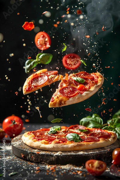 Obraz Hot piece of pepperoni pizza floating in the air, on a black background