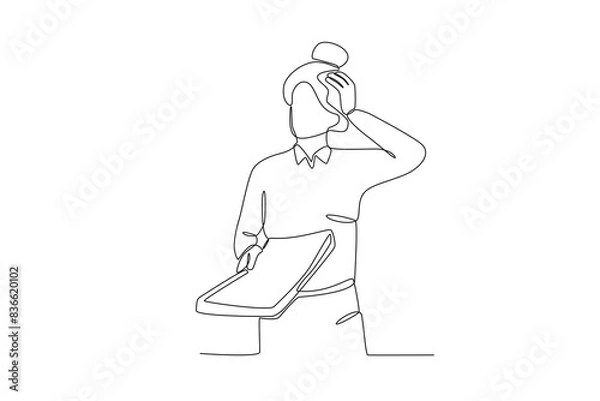 Obraz Single continuous line drawing of a confused woman looks at a file. Stressed working in office with problem. One line draw design vector illustration

