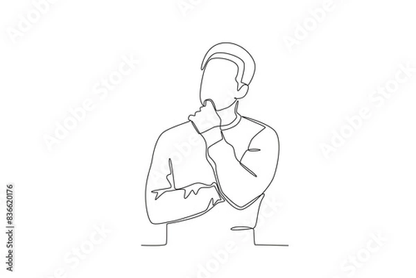 Fototapeta Single continuous line drawing of A man who was confused while holding his chin. Stressed working in office with problem. One line draw design vector illustration
