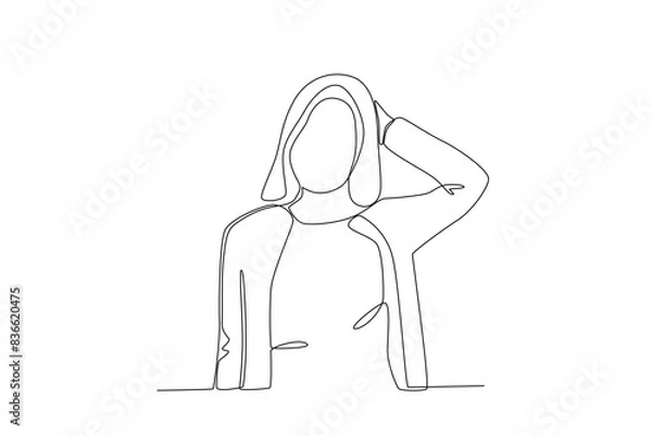 Fototapeta Single continuous line drawing of A stressed woman holding her head. Stressed working in office with problem. One line draw design vector illustration
