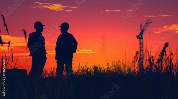 Fototapeta Team of Engineers in Discussion Against Sunset Backdrop