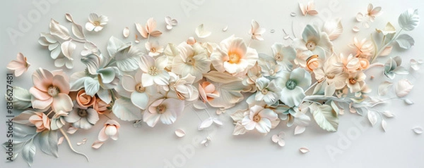 Fototapeta An elegant 3D wall art installation of a cascading floral arrangement, meticulously detailed with petals and leaves in soft pastel colors.
