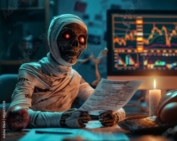 Obraz  A mummy sits at a desk with a lit candle, looking at a document, illuminated by a computer screen displaying a stock market chart.