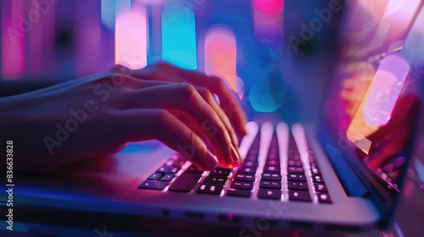 Fototapeta Focused Hands Typing on Modern Laptop Keyboard