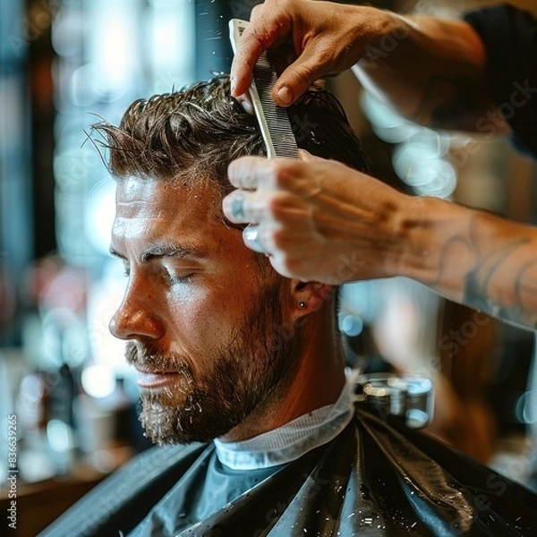 Fototapeta Man having his hair cut in a barbershop, holding scissors in one hand and combing another person's head with the other. Modern salon environment, creating a professional working atmosphere