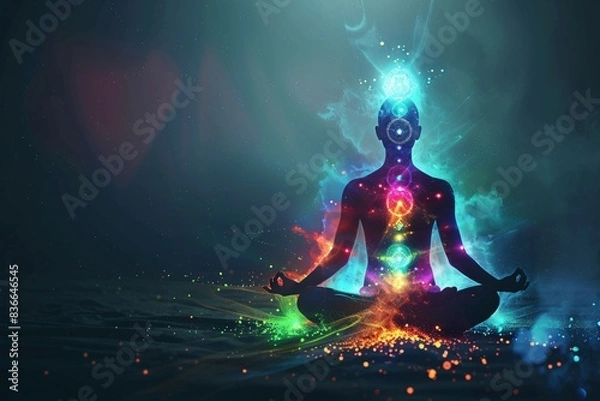 Obraz Meditation with glowing chakras and aura, symbolizing spiritual illumination