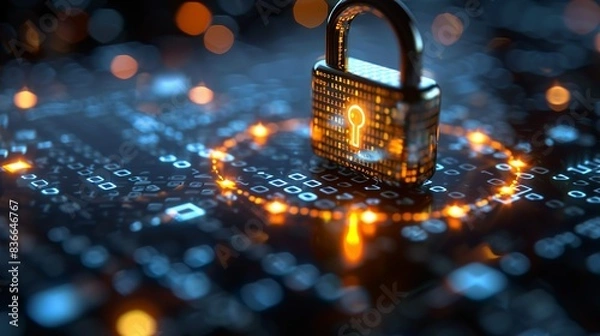Obraz A glowing padlock icon surrounded by binary code, representing secure online transactions and cybersecurity measures. Minimal and Simple,