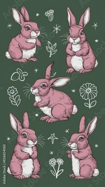 Fototapeta 5 Cute fancy doodle rabbits in different poses, illustration.