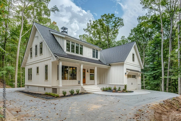 Fototapeta Minimalist Craftsman Style New Construction Ivory White House with Clean, Elegant Lines in a Modern Forest Environment
